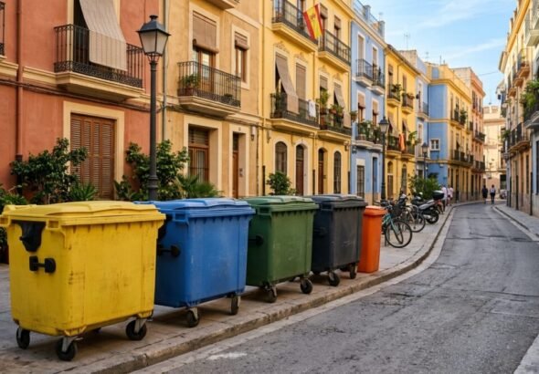 Contenedores de plástico, orgánico, cartón, vidrio en una calle de valencia con la norma nueva de multas por limpieza.