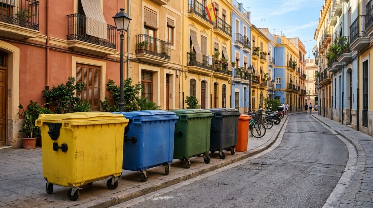Contenedores de plástico, orgánico, cartón, vidrio en una calle de valencia con la norma nueva de multas por limpieza.