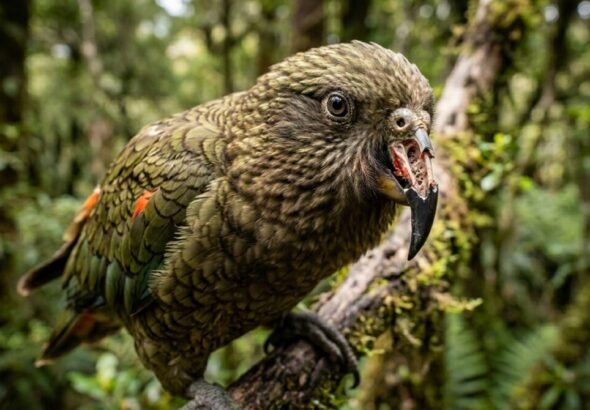 Un loro kea de Nueva Zelanda mirando a cámara con una expresión dominante en un entorno natural.