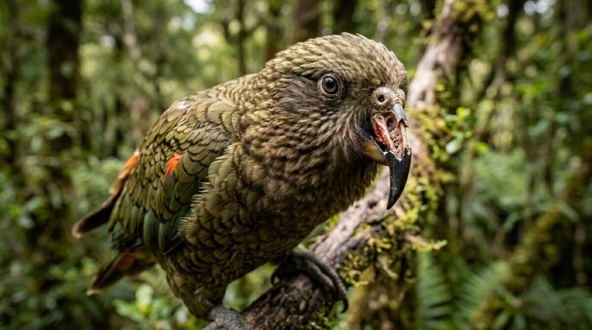 Un loro kea de Nueva Zelanda mirando a cámara con una expresión dominante en un entorno natural.