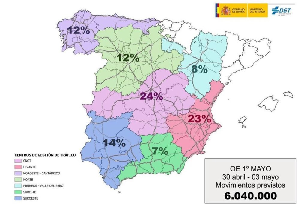 Operación 1 de mayo: seis millones de coches en un puente de "infarto" Mapa de tráfico para este puente de mayo 2026