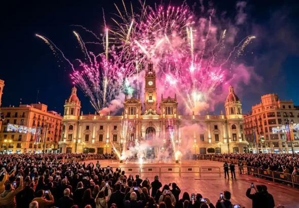 Recreación digital de la mascletà nocturna en la plaza del Ayuntamiento de Valencia por el día de la madre