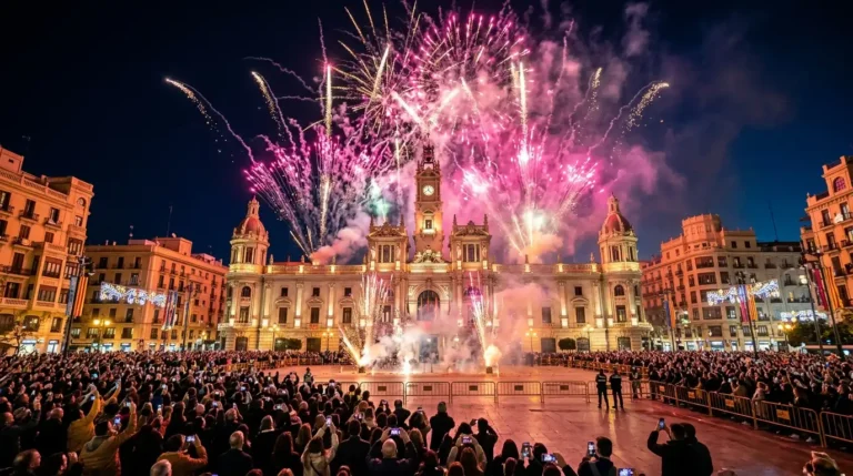 Recreación digital de la mascletà nocturna en la plaza del Ayuntamiento de Valencia por el día de la madre