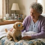 Una anciana sentada en la cama de su geriátrico con una mascota robótica.