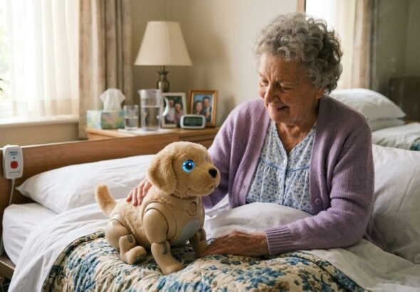 Una anciana sentada en la cama de su geriátrico con una mascota robótica.