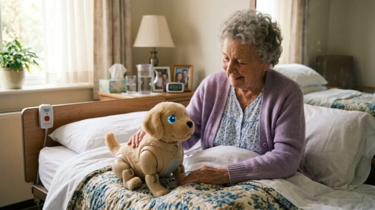 El efecto inesperado de las mascotas robóticas en pacientes con demencia Una anciana sentada en la cama de su geriátrico con una mascota robótica.