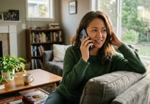 Una mujer hablando por teléfono desde el sofá de su casa sobre la menopausia