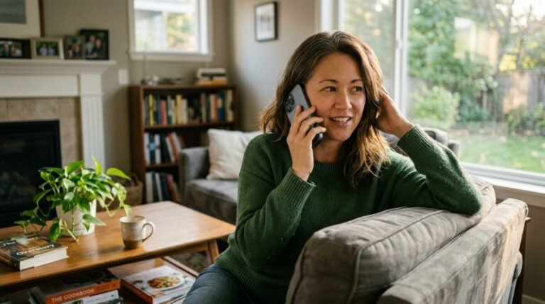Una mujer hablando por teléfono desde el sofá de su casa sobre la menopausia