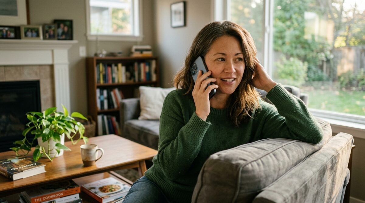El secreto genético que esconde la menopausia Una mujer hablando por teléfono desde el sofá de su casa sobre la menopausia