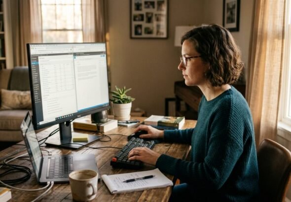 Una persona trabajando en su ordenador después de realizar su rutina de mindfulness