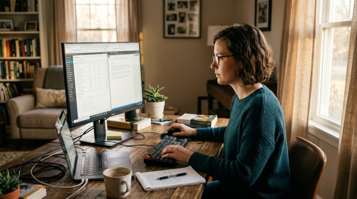 Una persona trabajando en su ordenador después de realizar su rutina de mindfulness