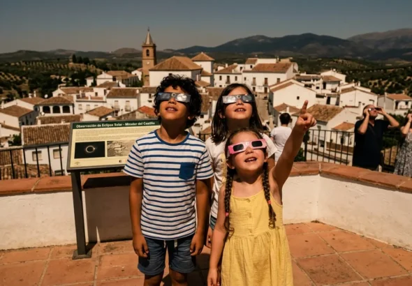 Niños observando los eclipses de España 2026-2028