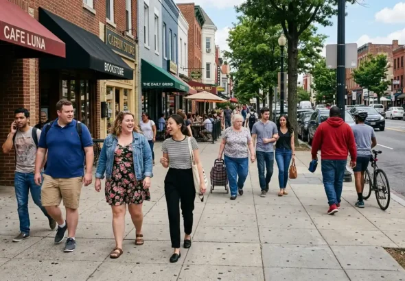 Personas caminando por una calle de una ciudad. Unas personas tienen obesidad y otras personas no.