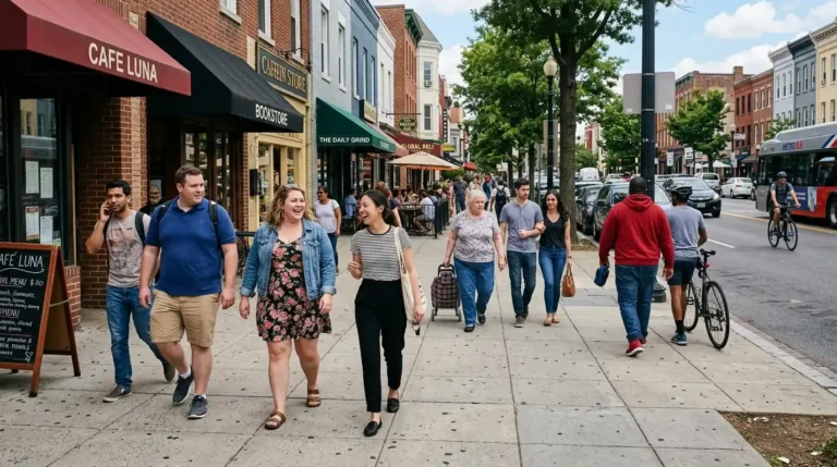 Personas caminando por una calle de una ciudad. Unas personas tienen obesidad y otras personas no.