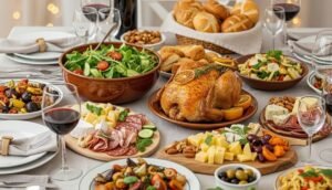 Una mesa llena de platos de comida para ilustrar la obesidad.