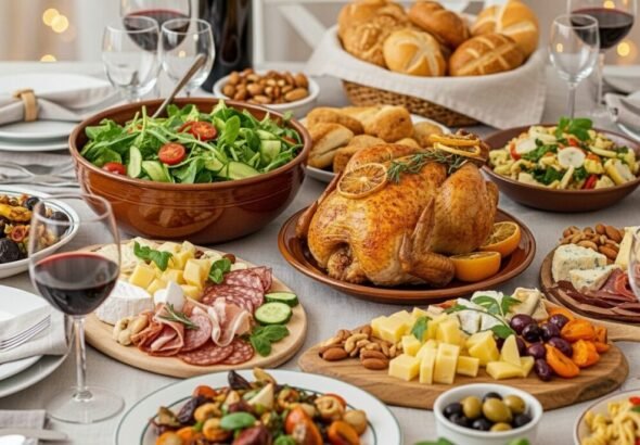 Una mesa llena de platos de comida para ilustrar la obesidad.