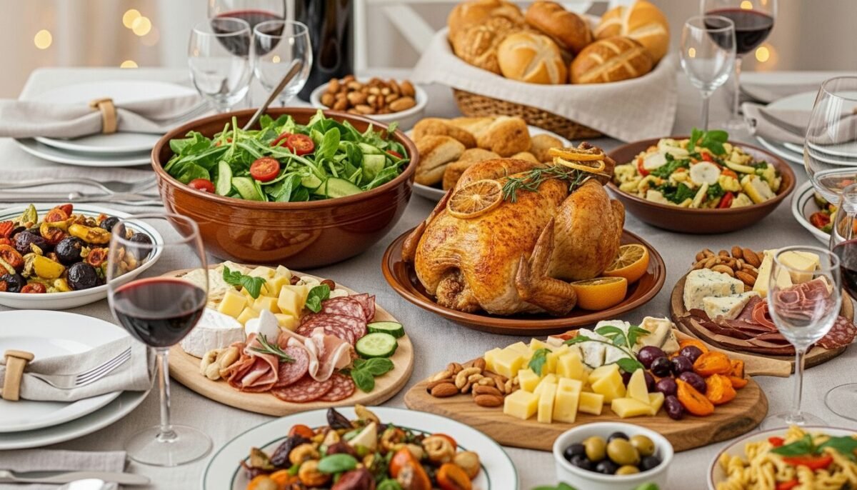 Una mesa llena de platos de comida para ilustrar la obesidad.