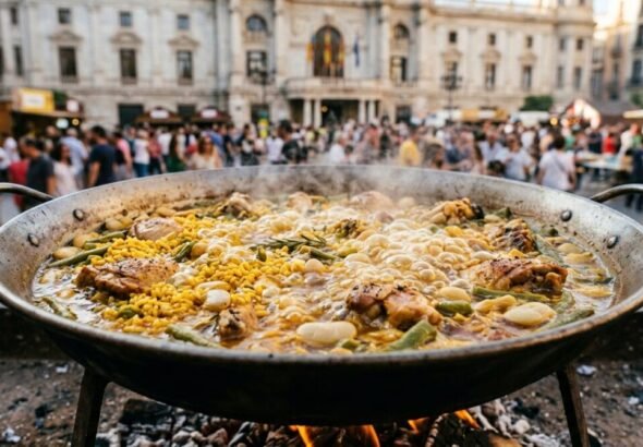 Primer plano de una paella valenciana hirviendo al fuego en el festival TastArròs Valencia, con el fondo difuminado de la Plaza del Ayuntamiento.