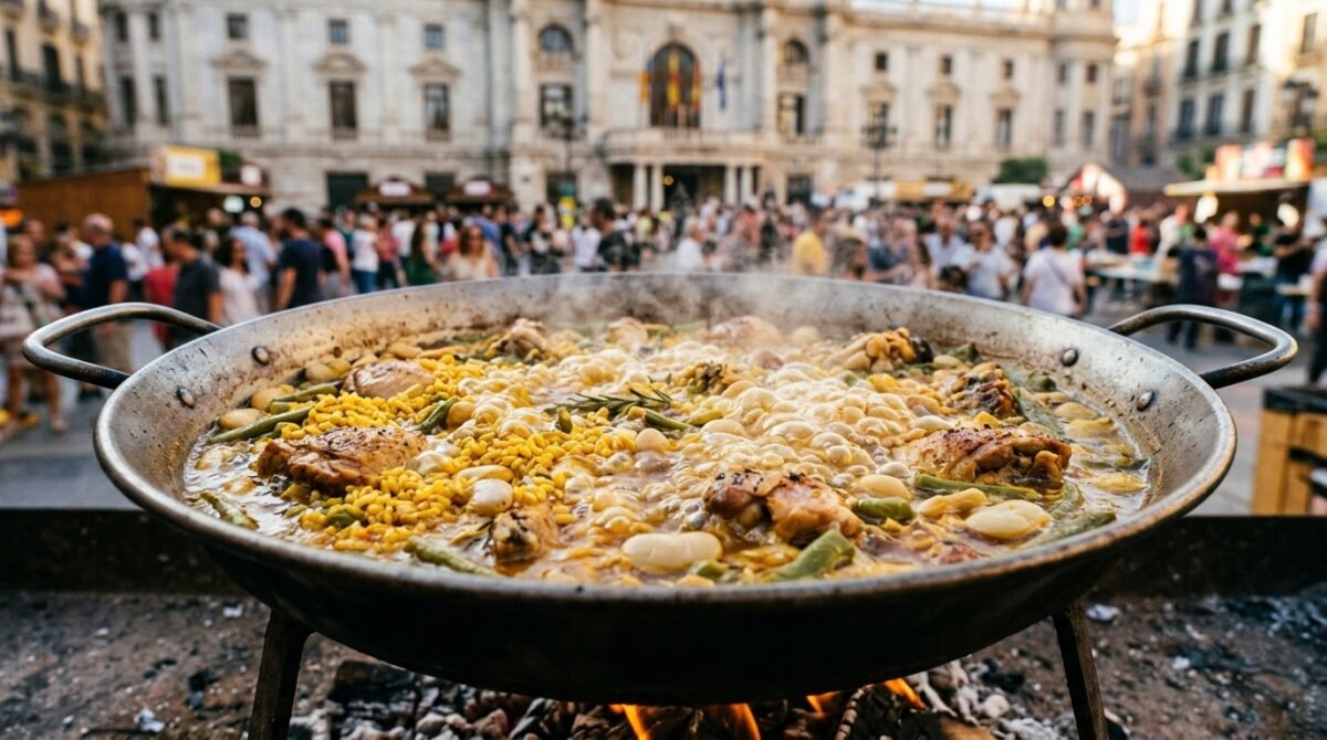 Primer plano de una paella valenciana hirviendo al fuego en el festival TastArròs Valencia, con el fondo difuminado de la Plaza del Ayuntamiento.