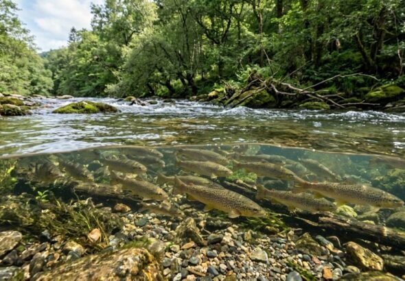 Un grupo de peces jóvenes nadando velozmente en un entorno de agua dulce con efectos de luz dinámica.