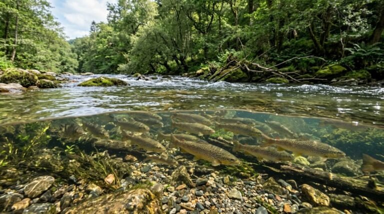 Un grupo de peces jóvenes nadando velozmente en un entorno de agua dulce con efectos de luz dinámica.