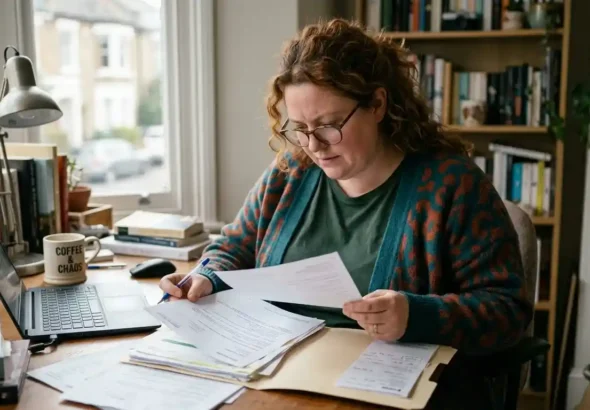 Una persona en su casa, sentada en su mesa de escritorio frente al ordenador con unos papeles estudiando el ayuno intermitente