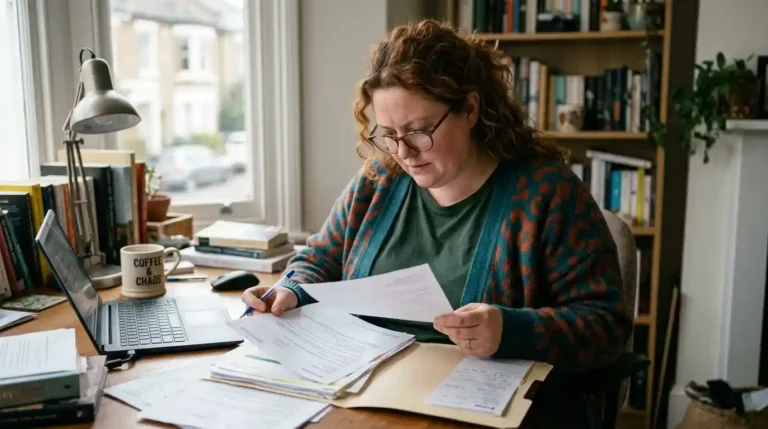 Una persona en su casa, sentada en su mesa de escritorio frente al ordenador con unos papeles estudiando el ayuno intermitente