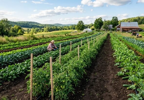 Imagen de un zona de campos con alimentos plantados y pesticidas.