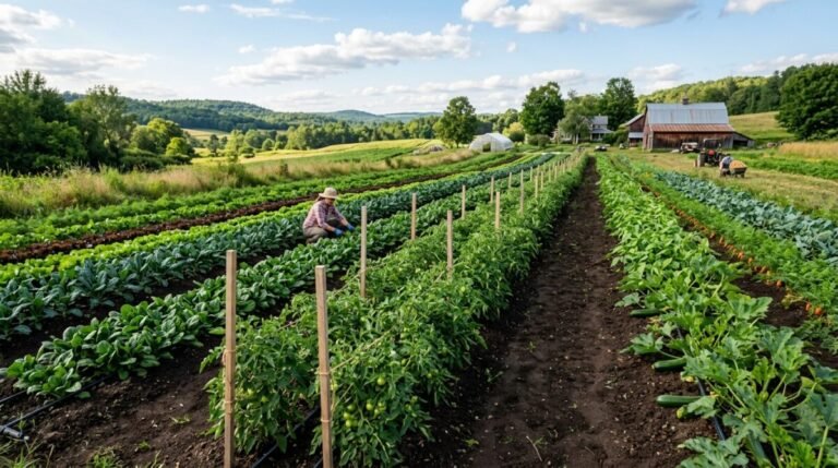 Imagen de un zona de campos con alimentos plantados y pesticidas.