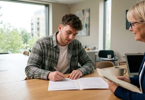 Un joven firmando un contrato de alquiler con el nuevo Plan Estatal de Vivienda