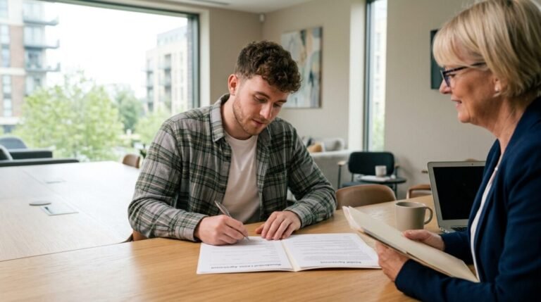 Un joven firmando un contrato de alquiler con el nuevo Plan Estatal de Vivienda