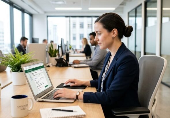 Persona gestionando trámites a través del portal de regularización oficial en un ordenador.