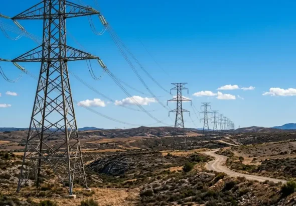 Fila de torres de alta tensión en un paisaje desértico bajo un cielo de atardecer, representando la infraestructura del sistema eléctrico.
