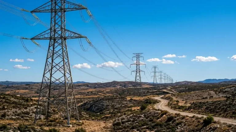 Fila de torres de alta tensión en un paisaje desértico bajo un cielo de atardecer, representando la infraestructura del sistema eléctrico.