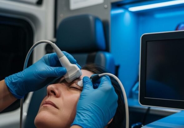 Ecografía ocular realizada a un paciente para medir la presión cerebral de forma no invasiva.