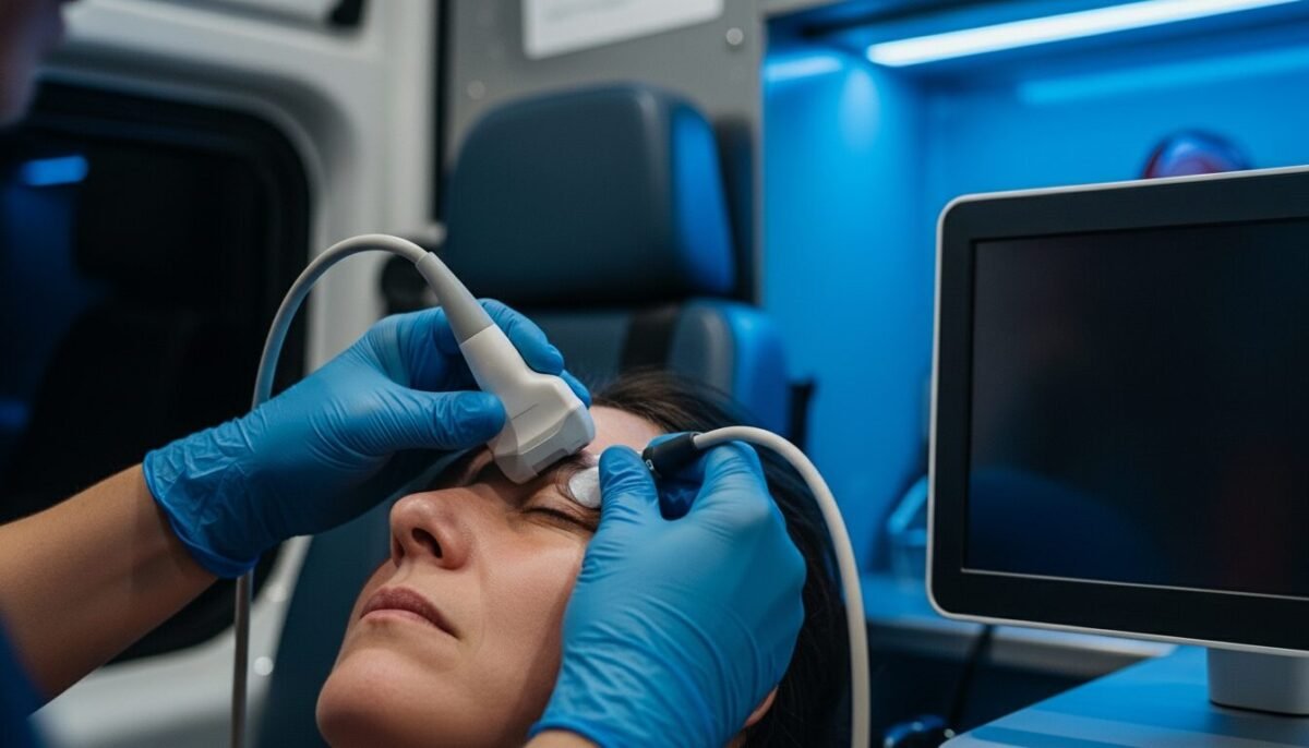 Ecografía ocular realizada a un paciente para medir la presión cerebral de forma no invasiva.