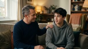 El motivo de las autolesiones en adolescentes: no es solo impulsividad Un padre ofreciendo apoyo emocional a su hijo adolescente en una conversación cercana para evitar las autolesiones en adolescentes.