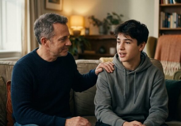 Un padre ofreciendo apoyo emocional a su hijo adolescente en una conversación cercana para evitar las autolesiones en adolescentes.