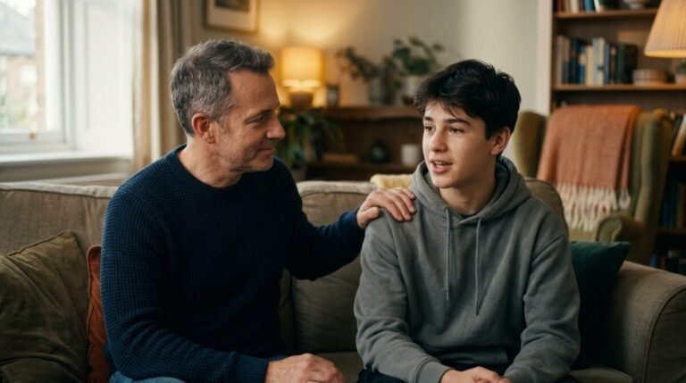 El motivo de las autolesiones en adolescentes: no es solo impulsividad Un padre ofreciendo apoyo emocional a su hijo adolescente en una conversación cercana para evitar las autolesiones en adolescentes.