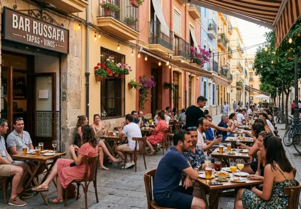 Recreación digital de la terraza de un bar en la zona ZAS de Russafa