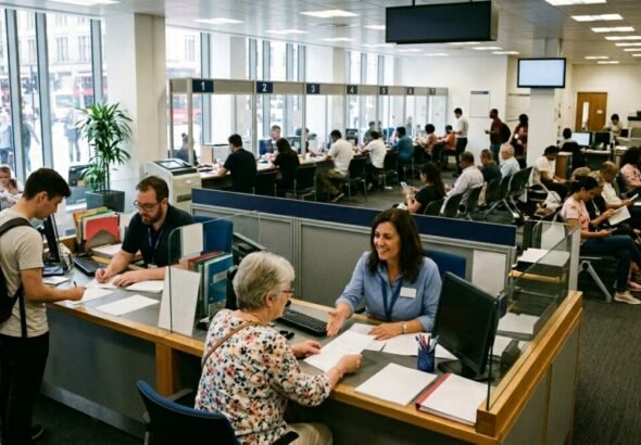 Imagen de una oficina atendiendo a personas en la regularizacion migratoria extraordinaria.