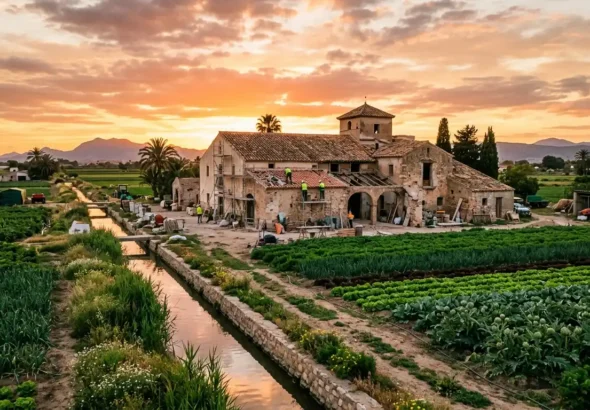 Alquería tradicional valenciana rodeada de campos de cultivo durante el atardecer en la huerta de Valencia.