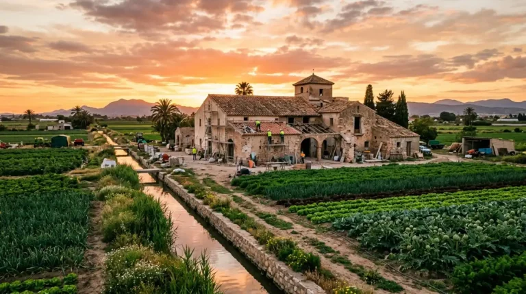 Alquería tradicional valenciana rodeada de campos de cultivo durante el atardecer en la huerta de Valencia.