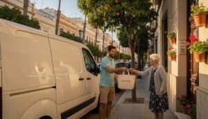 Reparto de menús del servicio menjar a domicili en un barrio de València.