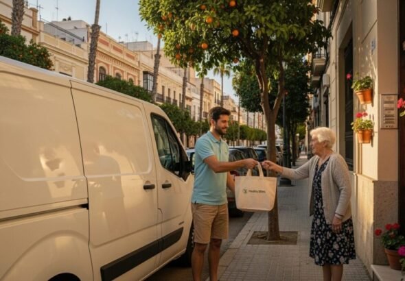 Reparto de menús del servicio menjar a domicili en un barrio de València.