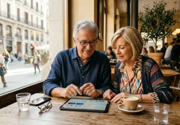 Pareja de pensionistas consultando sus finanzas en una tablet con la nueva cuantía de la pensión