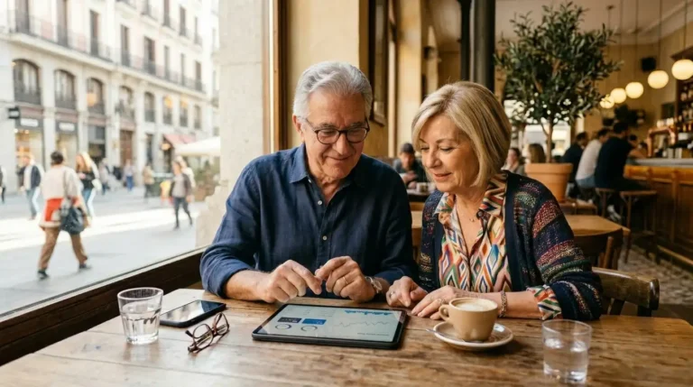 Pareja de pensionistas consultando sus finanzas en una tablet con la nueva cuantía de la pensión