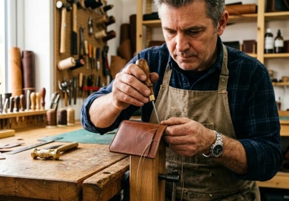 Detalle de trabajo artesanal en cuero representando las tablas salariales marroquinería.
