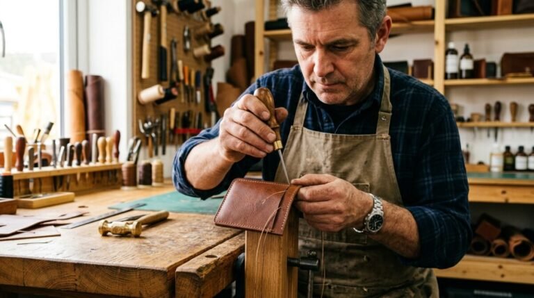 Detalle de trabajo artesanal en cuero representando las tablas salariales marroquinería.