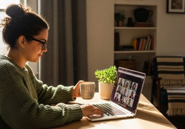 Una persona trabajando desde su casa con horario de teletrabajo.